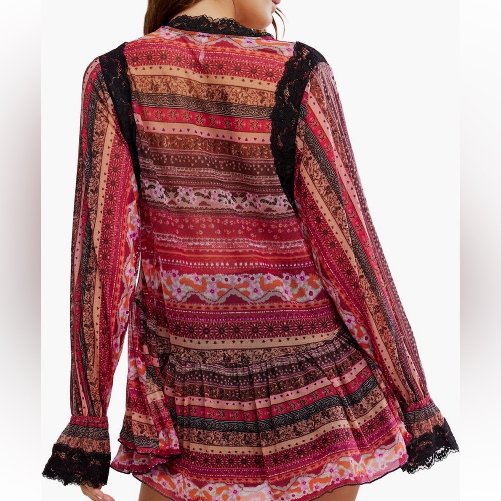 Free People NWT Natalie Boho Print Lace Long Sleeve Vneck Slip/Tunic Top XS - Picture 5 of 15